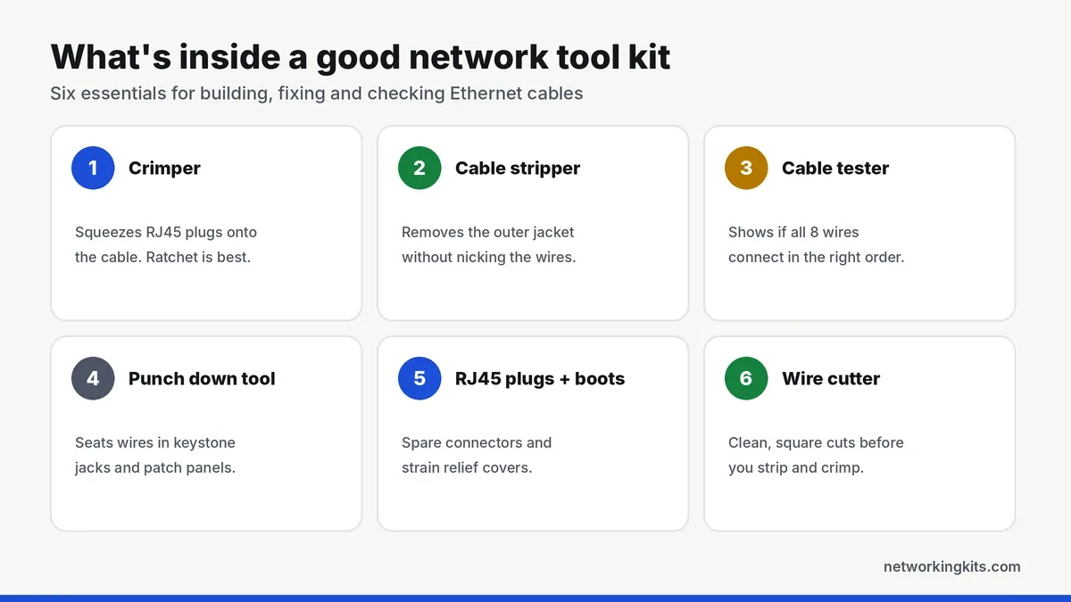 What a good networking tool kit includes: crimper, stripper, tester, punch down tool, plugs and cutter - best networking tool kits