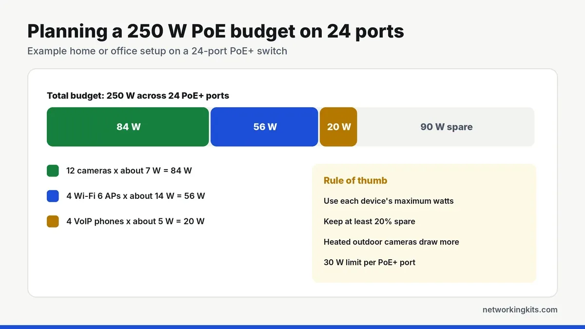 Planning a 250 W PoE budget on a 24 port PoE+ switch - best 24 port gigabit switches