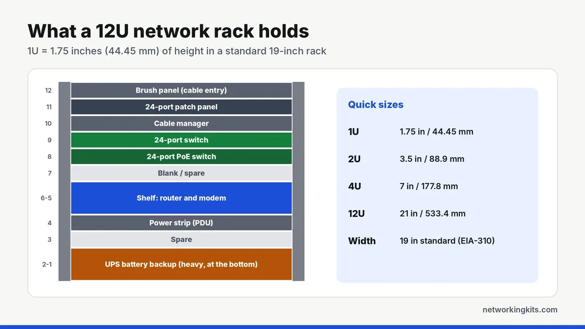 12U network rack layout with patch panel, switches, router shelf and UPS - rack units explained 12U network rack layout with patch panel, switches, router shelf and UPS - rack units explained