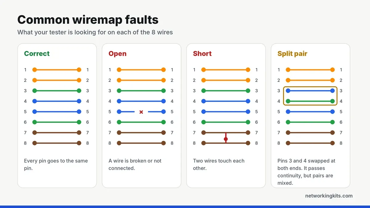 Ethernet cable wiremap faults: open, short, crossed and split pair - best fluke network cable testers Ethernet cable wiremap faults: open, short, crossed and split pair - best fluke network cable testers
